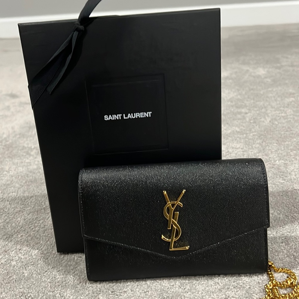 YSL UPTOWN CHAIN WALLET GRAIN DE POUDRE EMBOSSED LEATHER NWT box and dust bag